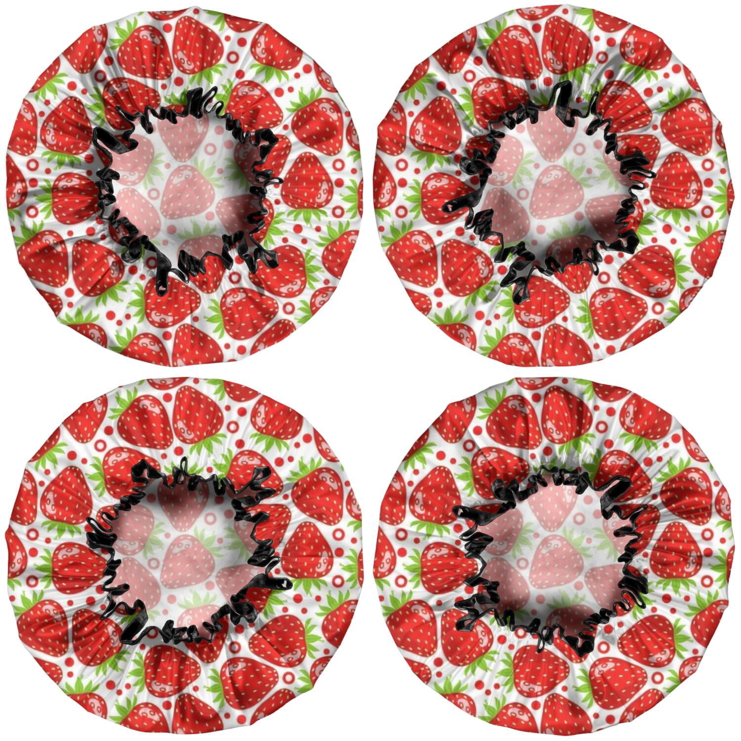 Shower Caps,Red Strawberry Plants Fruit Dot Waterproof Shower Cap for Women 4 Pieces,Double Reusable Hair Cover for Shower PEVA Elastic Stretch Hem