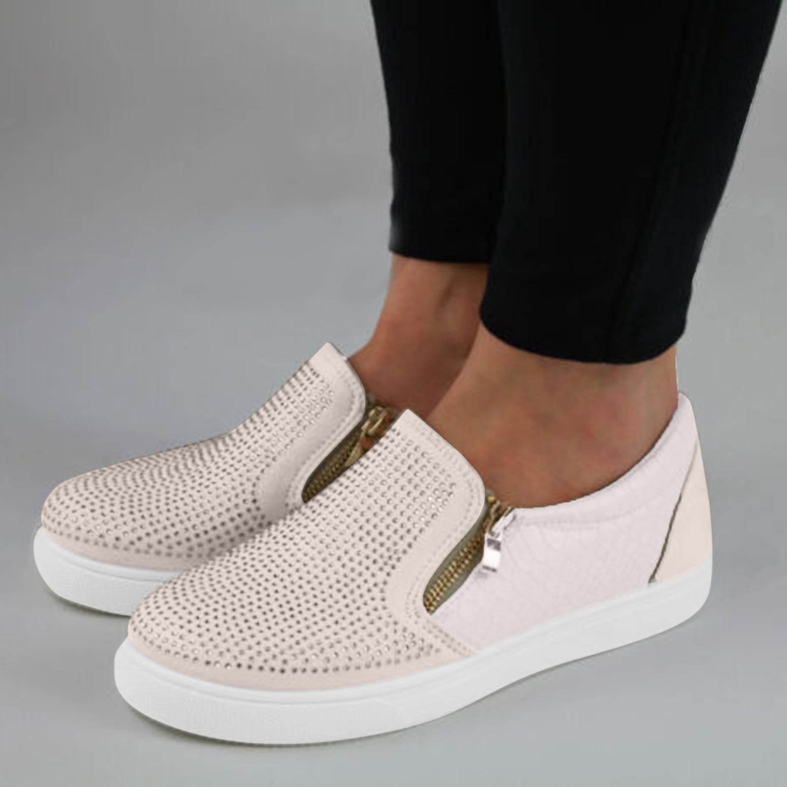 New Womens Casual Sneakers Flat Slip On Diamante Zip Trainers Pumps Shoes Sizes