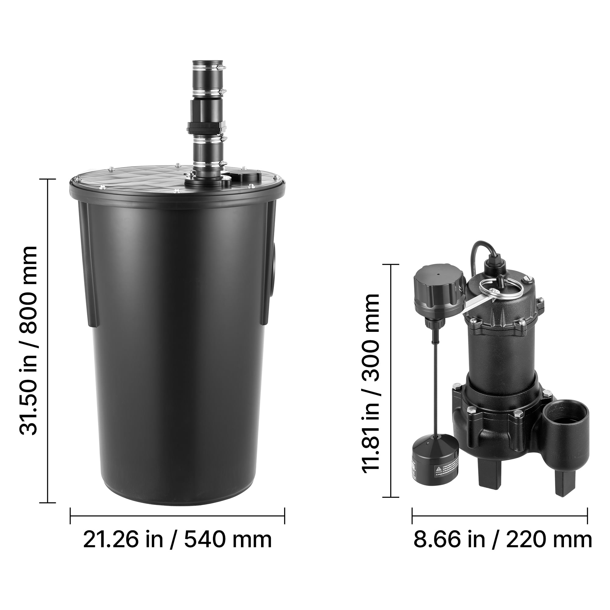 KFFKFF 1/2 HP Cast Iron Sewage Pump System with Basin Kit, 120V Automatic Water Collection and Removal System, Vertical Float Switch, 2" Discharge, Black
