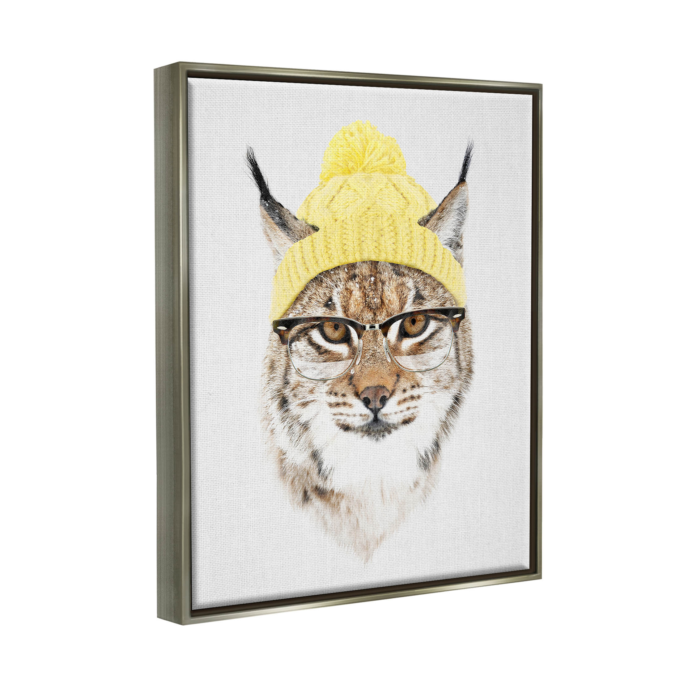 Bobcat Hipster Beanie Wildlife Animals & Insects Graphic Art Luster Gray Framed Art Print Wall Art