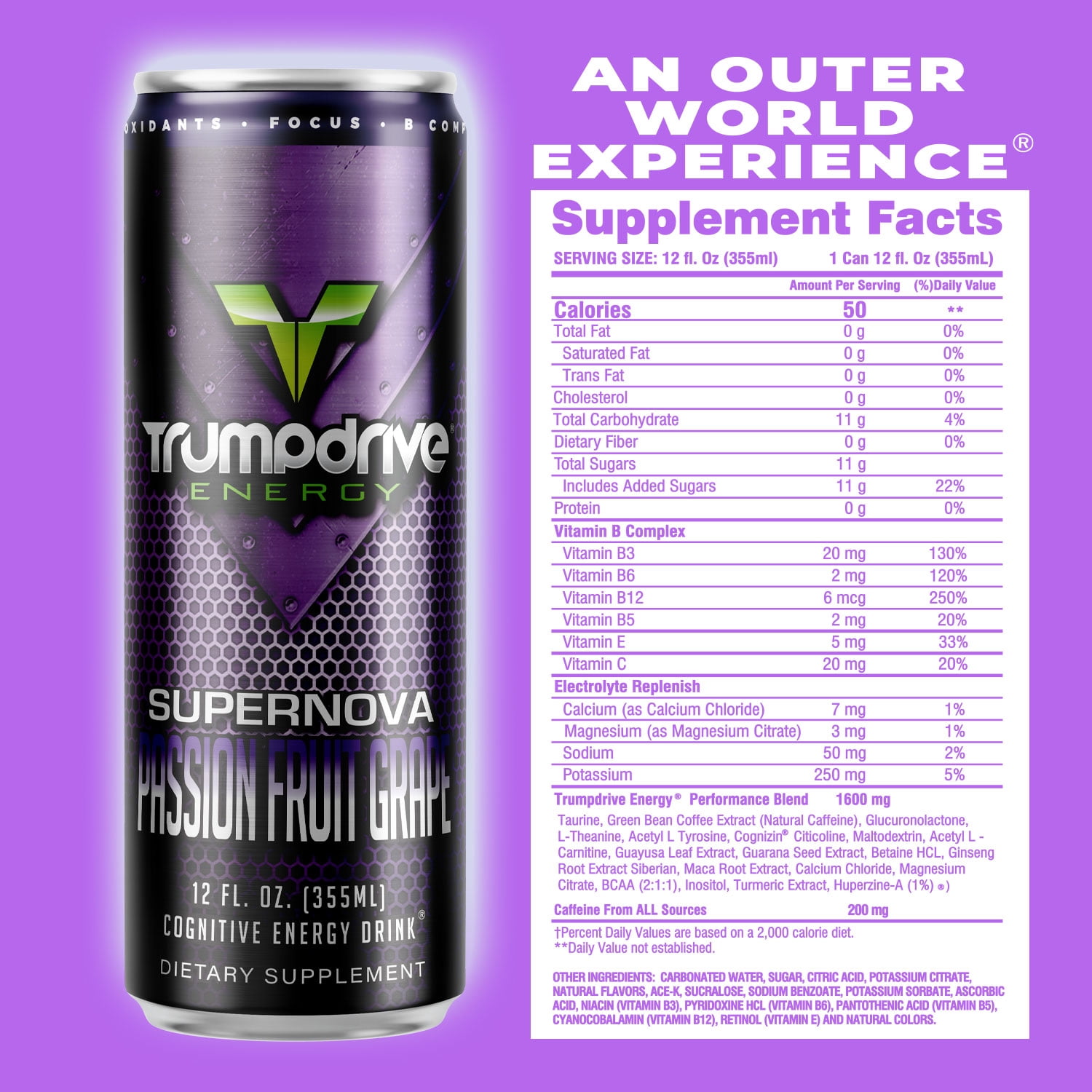 TRUMPDRIVE ENERGY Cognitive Energy Drink, Passionfruit Grape 12 Fl Oz (Pack of 12)