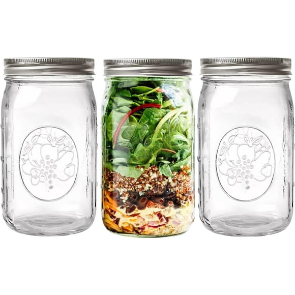 LEEYNEER Regular Mouth Mason Jars 32 OZ - 3 Pack - Quart Size Jars with Airtight Lids and Bands for Canning  Fermenting  Pickling  DIY Decors  Microwave &amp; Dishwasher Safe.