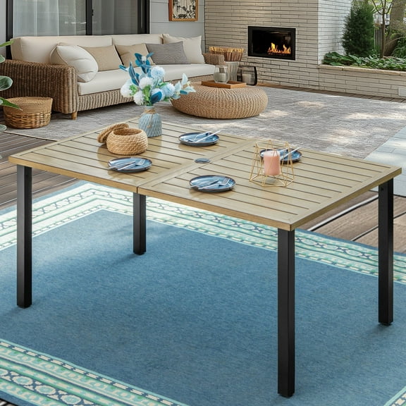 MF Studio 60" x 36" Rectangle Metal Outdoor Patio Dining Table for 6, Wood-Grain Patio Table with Umbrella Hole