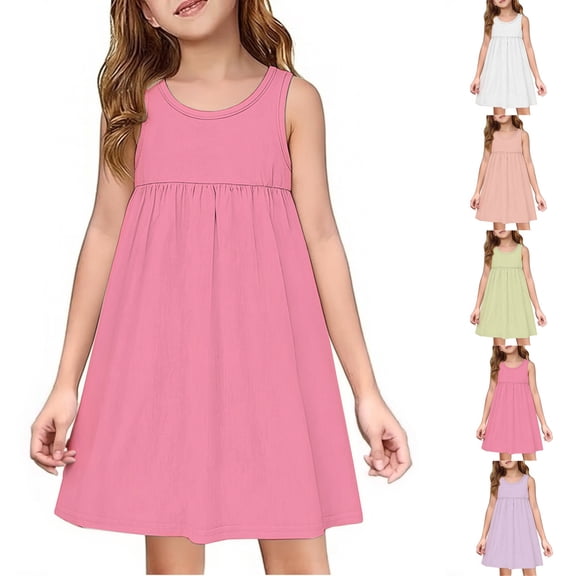 YOUYEDIAN Sleeveless Sundress Girls Summer Crew Neck A Line Princess Dress Toddler Casual Solid Color Dress (Hot Pink, 6-7 Years)