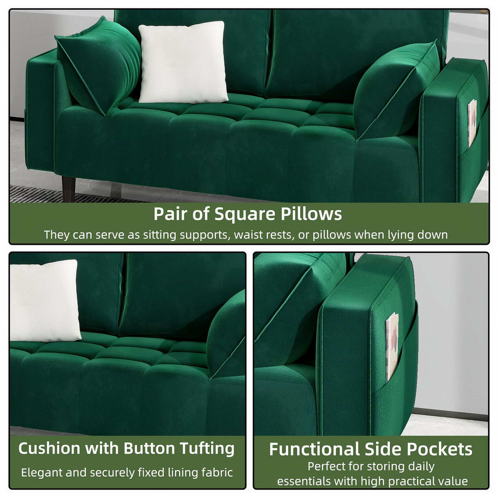 Uforic 56" Velvet Loveseat Sofa, Modern Comfortable Sofa Loveseat Small Sofa Couch with Side Storage Pockect & 2 Pillows, Button Tufted Seat Cushion for Living Room Bedroom Apartment, Green