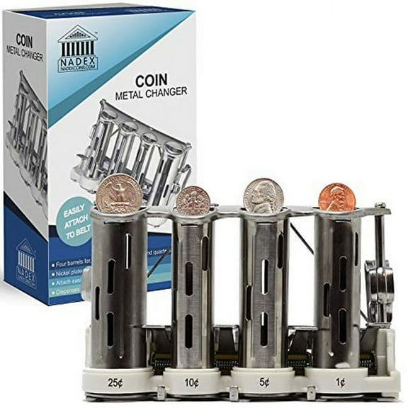 Nadex 4 Barrel Steel Coin Dispenser Money Changer with Belt Clips, Silver