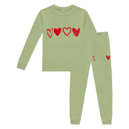 GiLiling Kids Heart Print Pajama Set - Long Sleeve Crewneck Top and Pants 2 Piece Boys Girls Nightwear Outfit (Light Green 7-8 Years)