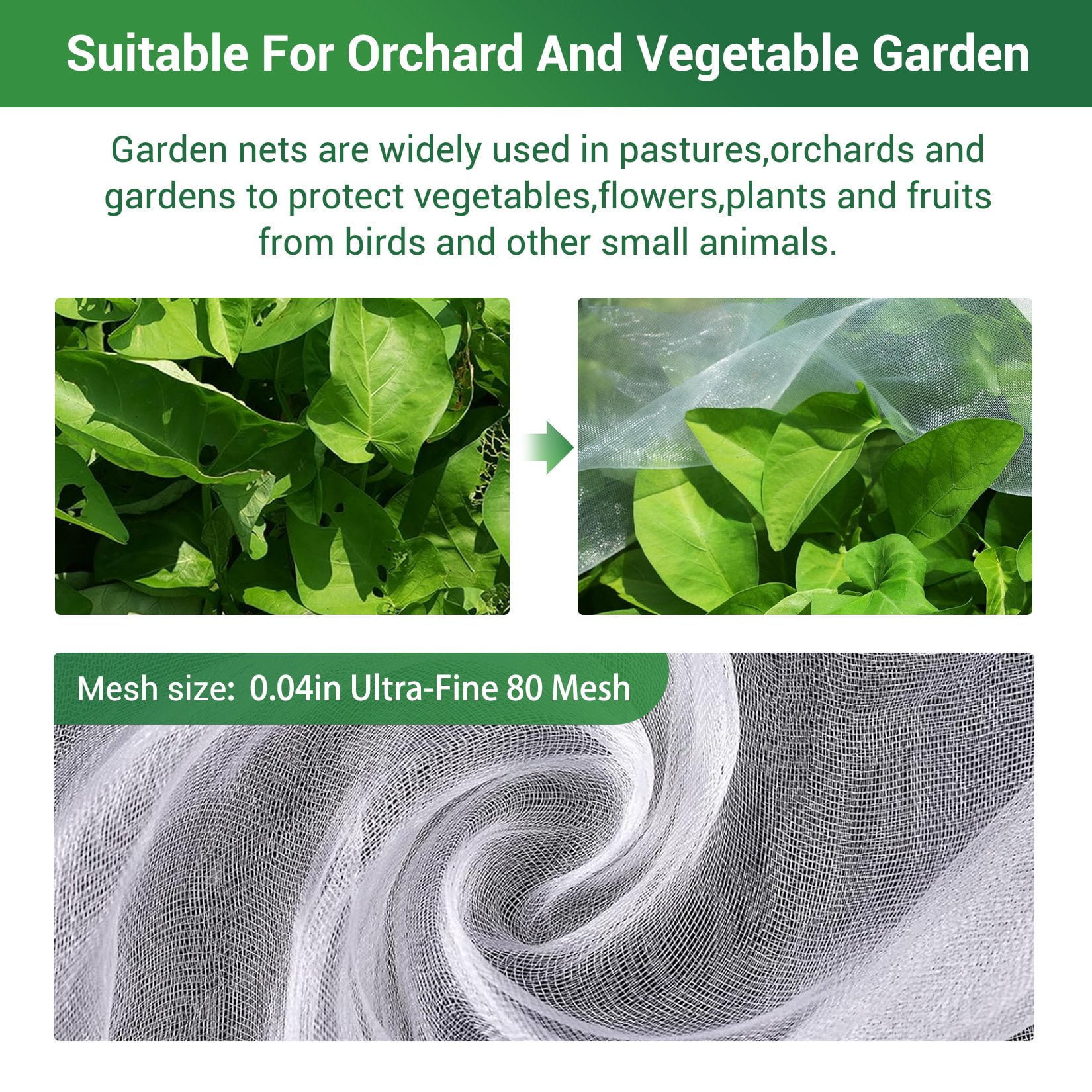 Sunvasagoo 80-Mesh Garden Netting 2-Pack, PE Resin Plant Cover, 3x10m + 3x15m