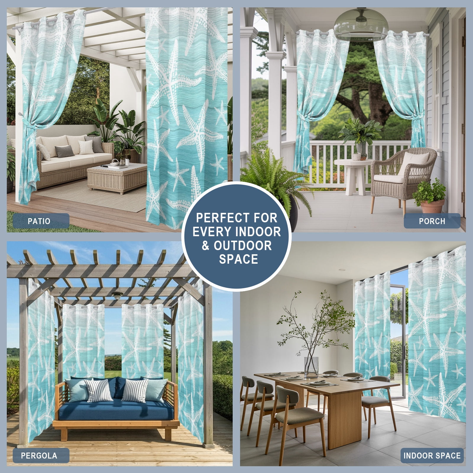 Coastal Teal Starfish Outdoor Curtains for Patio, Nautical Ocean Summer Minimalist Gradient Sunshade Privacy Drapes Grommet Waterproof Outside Curtains for Porch/Cabana/Balcony 54"x 108", 1 Panel