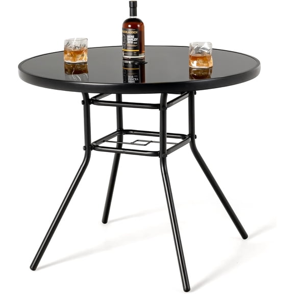 HAPPYGRILL 34" Outdoor Bistro Table, Patio Dining Table with 1.5” Umbrella Hole, Silkscreen Glass Tabletop, Metal Frame, Round Side Table Conversation Coffee Table for Patio Garden Backyard Poolside