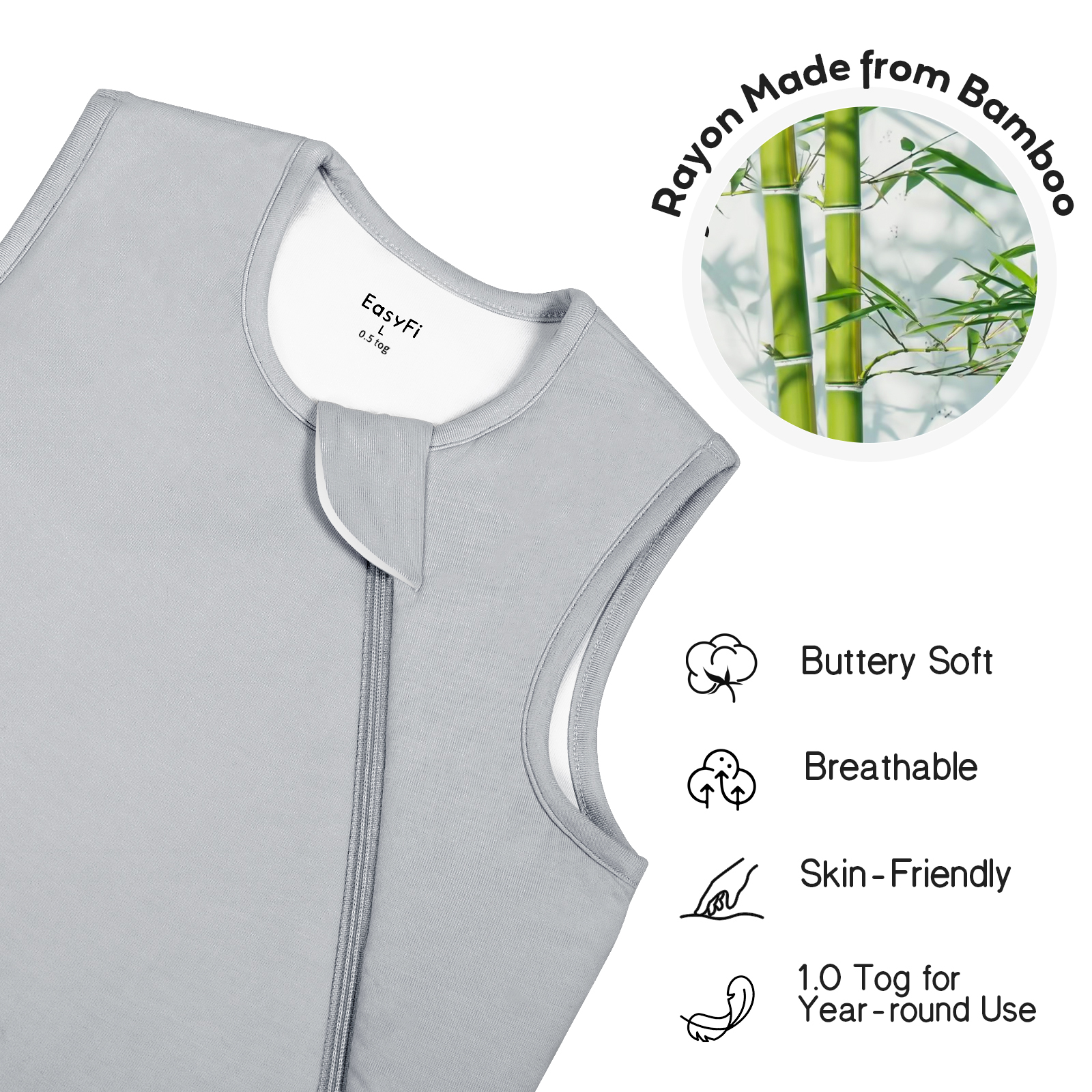 Easyfi 0.5 Tog Baby Sleep Sack 6-12M Summer Bamboo Sleeping Bags Lightweight & Breathable, 2-Way Zip Baby Wearable Blanket