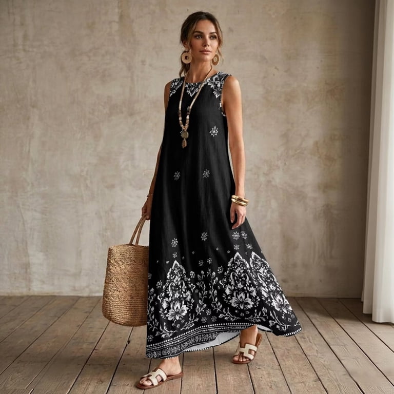 walmart black maxi dress Jiueut Black Floral Print Women's Maxi Dress Sleeveless Wrinkle Resistant  Linen Look Sundresses Crew Neck Dress with Pockets Long Casual Maxi Dresses  for Women, L
