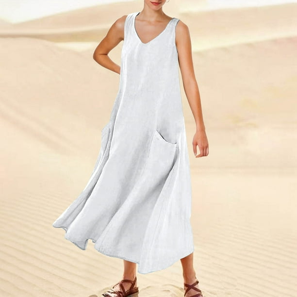 WILLBEST Vestido Corto De Verano Para Mujer, Color Liso, Sin Mangas, Cuello En V, Elegante, Holgado, Informal, Largo, Con Bolsillos, Cómodo Y Elegante Para Uso Diario.