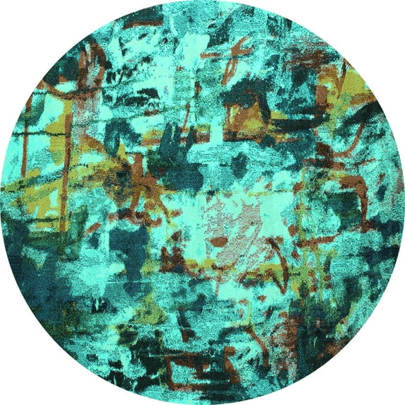 Ahgly Company Machine Washable Indoor Round Abstract Turquoise Blue Contemporary Area Rugs, 8' Round
