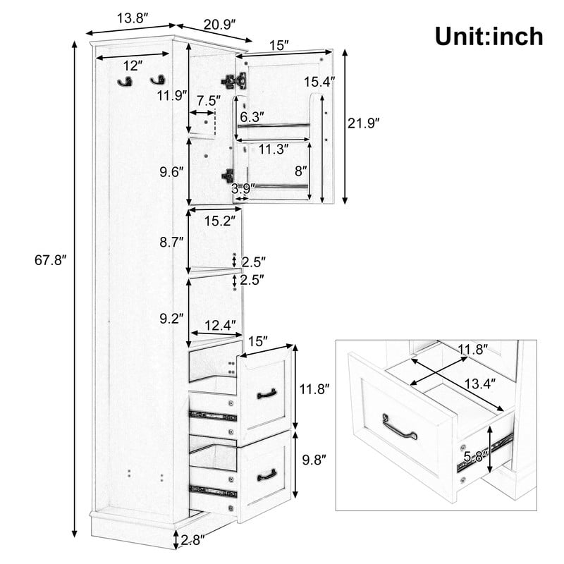 Freestanding Bathroom Storage Cabinet, Pantry Sideboard Storage Cabinet with Side Hooks, Drawers & Adjustable Shelf