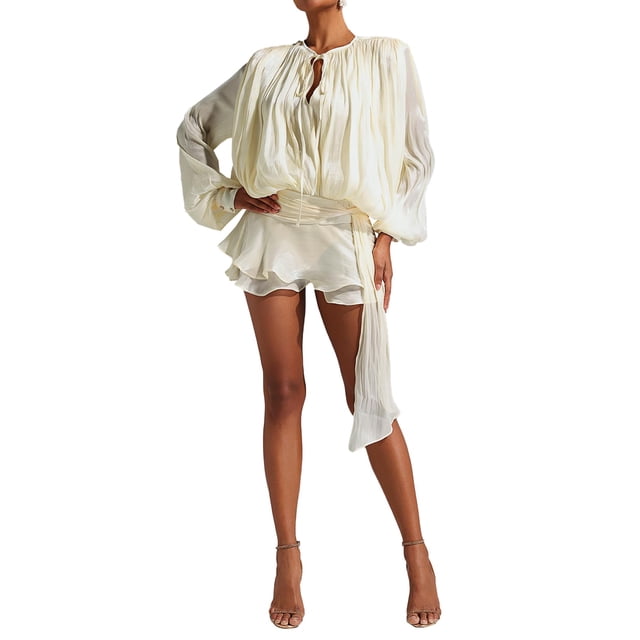 Vestido de verano Tsukko con dobladillo con volantes y manga larga para mujer, blanco