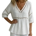 thumbnail image 6 of Women's V Neck T Shirts 3/4 Sleeve Blouse Summer Tops Dressy Casual Loose Fit Basic Tees by Yigetop White 2XL, 6 of 6