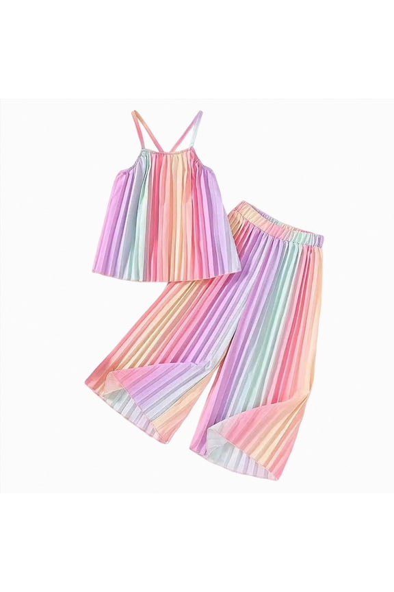 Toddler Girls Clothes 4T 5T 6T 7T 8T Girl's 2 Piece Cute Outfits Rainbow Outfit Spaghetti Strap Crop Top and Wide Leg Pants Sets,Multicolour,4-5 Years