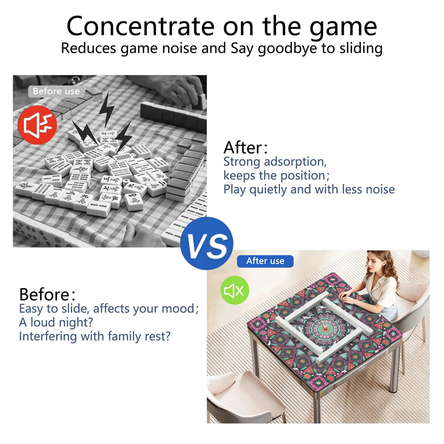 Classic Boho Pattern Non-Slip Game Room Mat 31.5 Inch Square Rubber Mahjong Playing Surface with Noise Dampening for Card Games and Board Game Nights