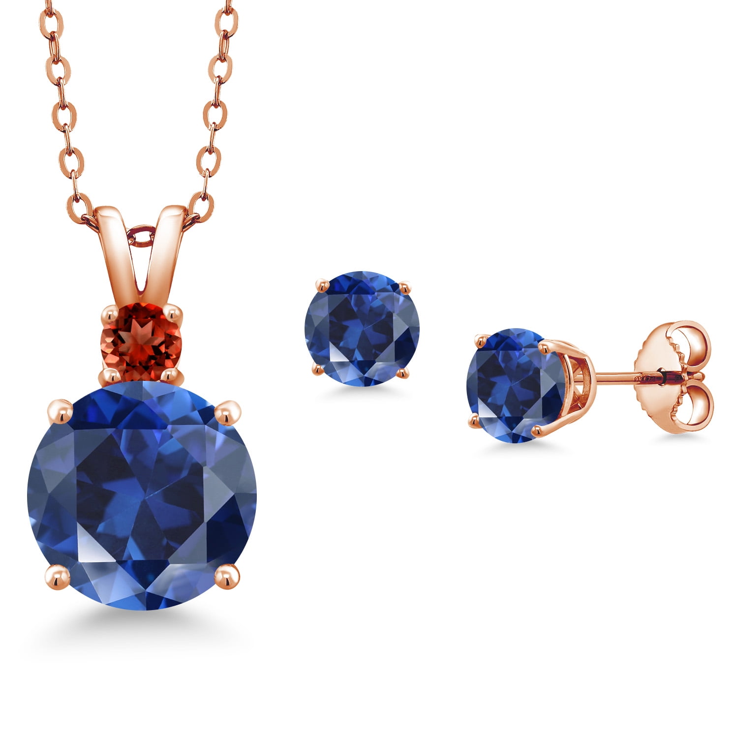 Gem Stone King 18K Rose Gold Plated Silver Round Blue Simulated Sapphire and Red Garnet Pendant and Earrings Jewelry Set for Women (5.06 Cttw, Gemstone Birthstone, with 18 inch Chain)