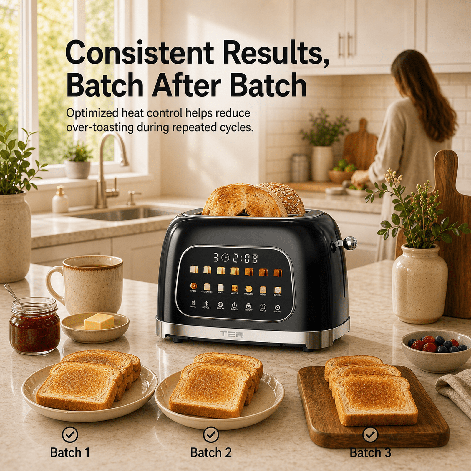 TER Smart 2-Slice Toaster with Touchscreen & Countdown Timer, 7 Bread Modes & 7 Browning Levels, Extra-Wide Slots for Bagels, Mute Mode, Modern Design