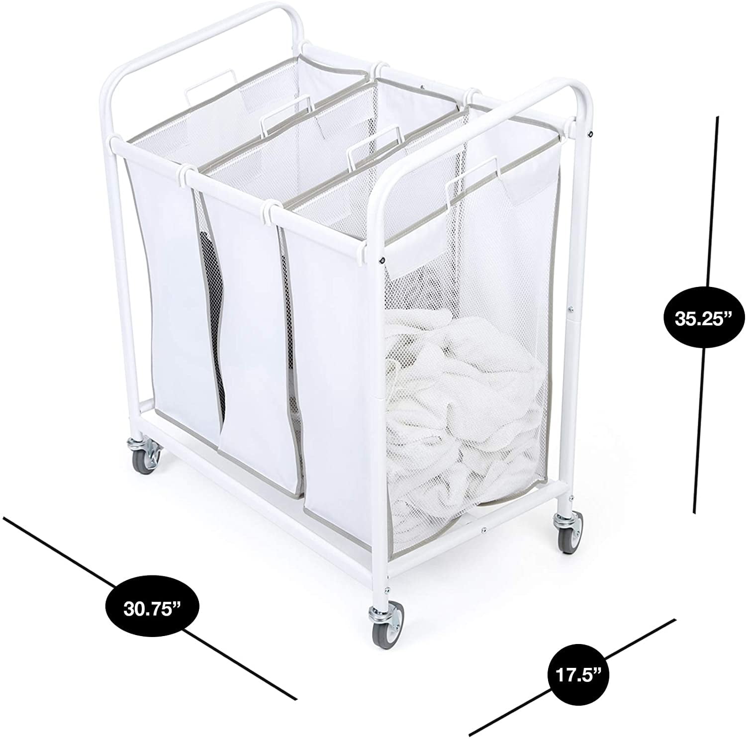 Smart Design Premium Rolling 3 Compartment Mesh Laundry Sorter Hamper w/ Wheels & Handles - Steel Metal Frame - VentilAir Fabric Design - Clothes & Laundry - Home Organization (Holds 9 Loads) [White]