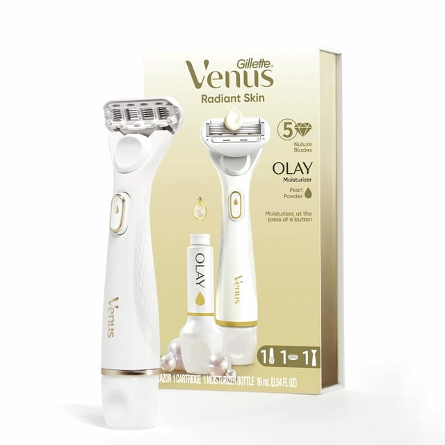 Gillette Venus Radiant Skin - Maquinilla de afeitar hidratante para mujer para piel seca y sensible con dispensador hidratante Olay, 1 suero y 1 reca