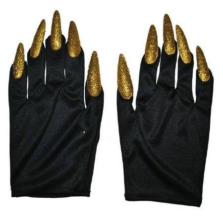 Halloween Costume Witch Nail Gloves, Black with Gold Nails, One-Size, 1 Pair