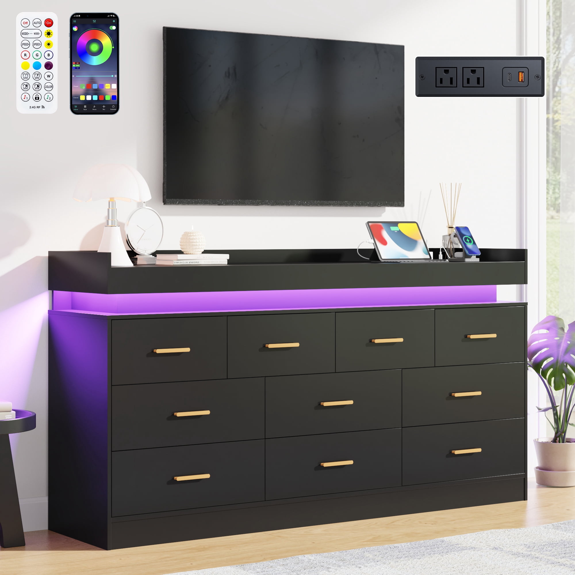 ChVans Black Dresser with Charging Station and LED Lights, Modern Chest of Drawers for Closet, 10 drawer dresser for Bedroom, Living Room, Entryway, Hallway