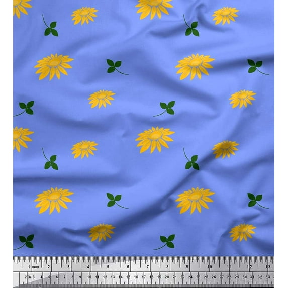 Soimoi Blue Heavy Canvas Fabric Leaves & Sunflower Floral Printed Craft Fabric by the Yard 58 Inch Wide