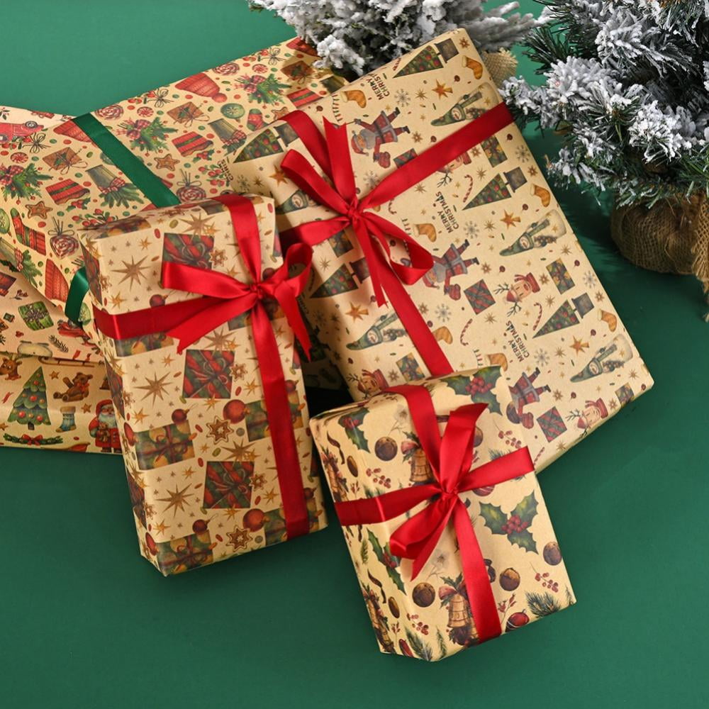 8 Roll Christmas Wrapping paper, Brown Kraft Paper with Red and Green  Pattern Christmas Elements Collection, 20x27 inches Per Roll 
