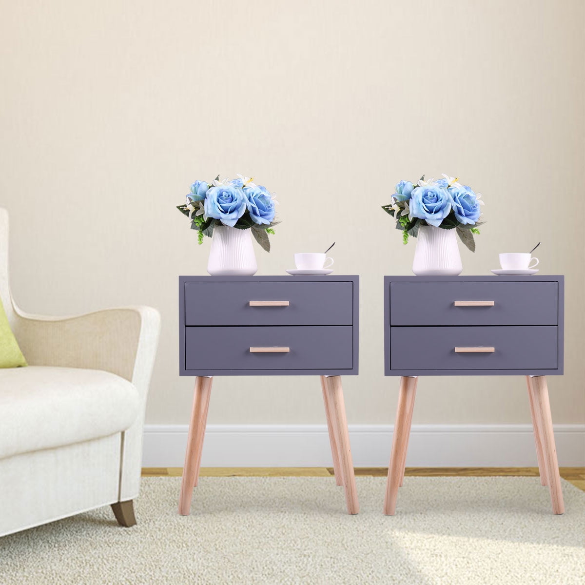 Jaxpety Set of 2 Side End Table Nightstand with 2 Drawers