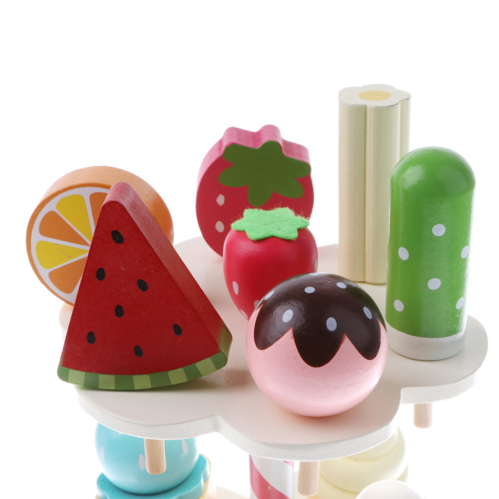 11 PCS Wooden 3-Layer Strawberry Ice Cream Stand Kids Food Pretend Play Set 