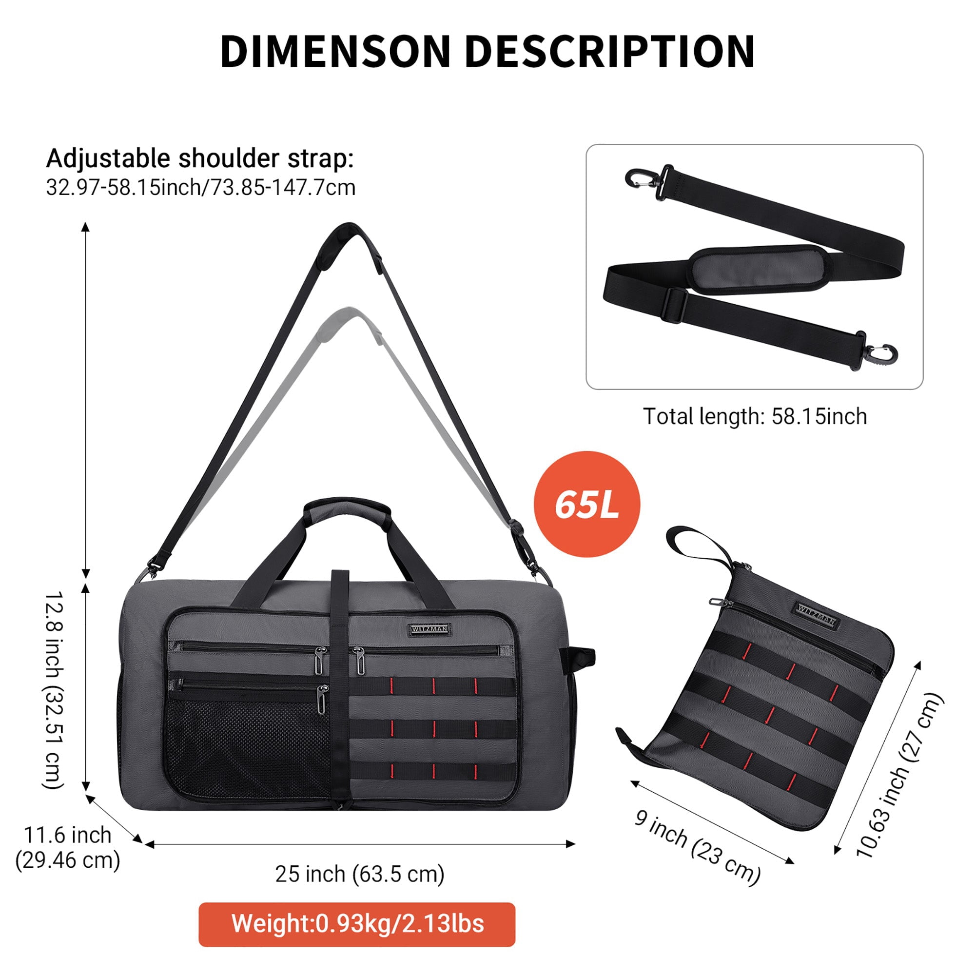 WITZMAN Foldable Duffle Bag for Travel 65L Lightweight Packable Duffel Bag with Shoes Compartment Overnight Bag for Men Women (B697 Silvery Grey)