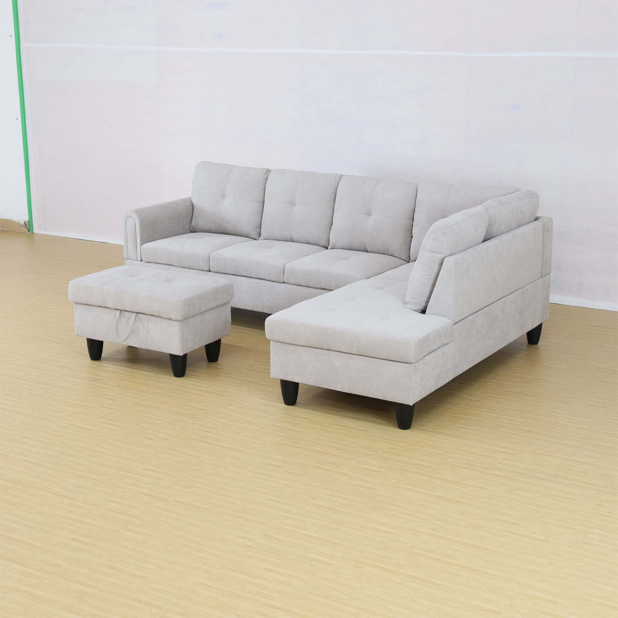 Aukfa Sectional Sofa, Living Room Couch with Storage Ottoman, Right Facing Chaise, Flannel, Gray