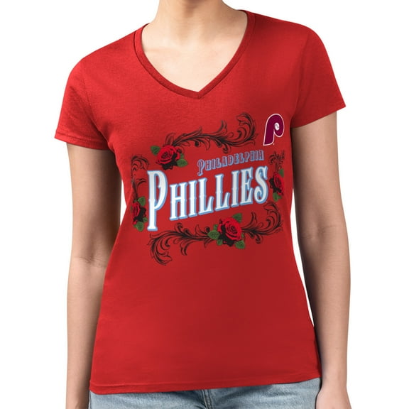 Women's G-III 4Her by Carl Banks Red Philadelphia Phillies Super-Slim Fit Lightweight Retro Roses V-Neck T-Shirt