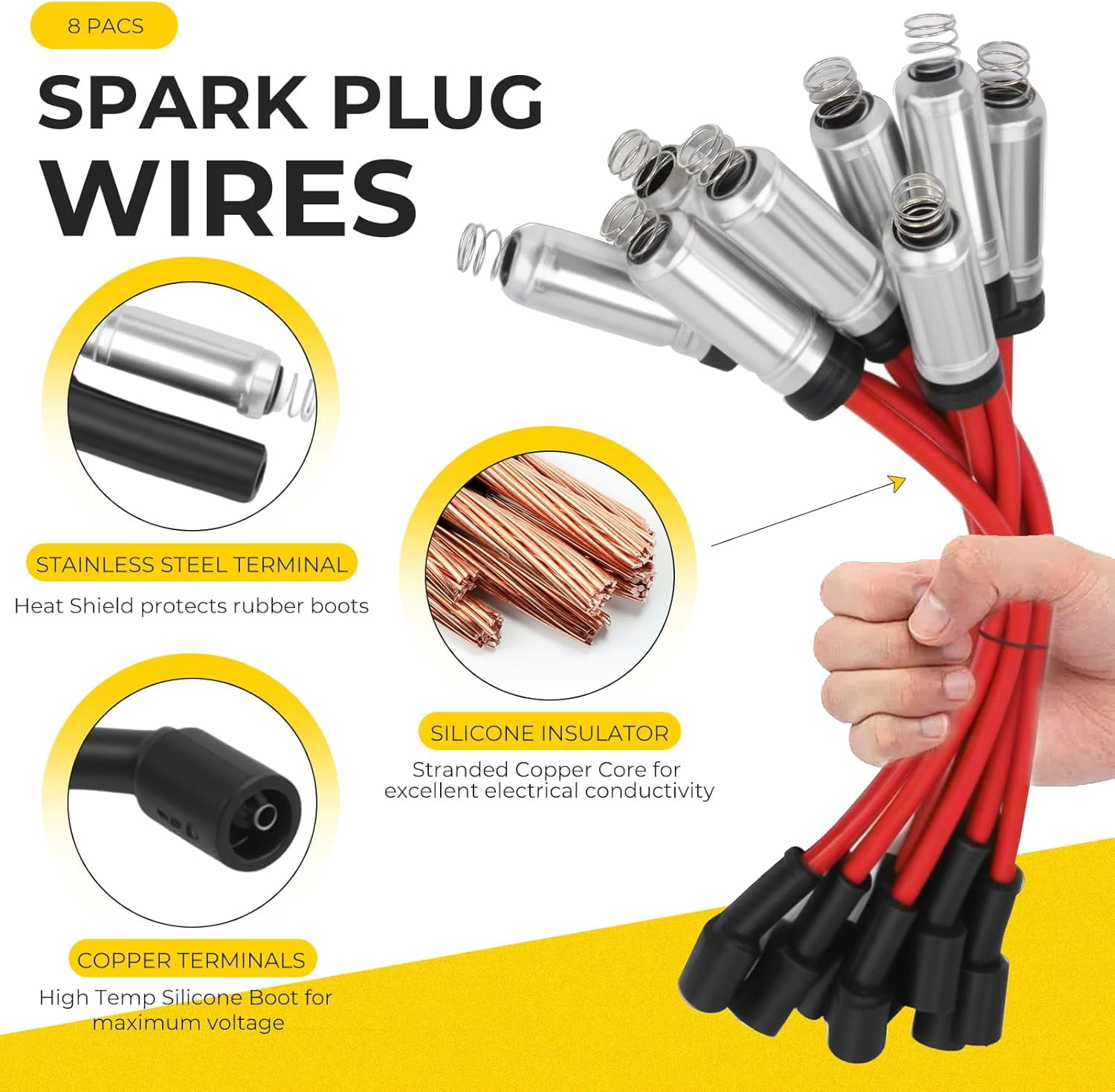 8P Round Ignition Coils Kit With 748UU 8mm Spark Plug Wires Compatible With Chevy Silverado Cadillac Suburba Tahoe GMC 4.8 5.3 6.0L Replace D585 UF262 C1251 12622553 748GG 748UU 748GG
