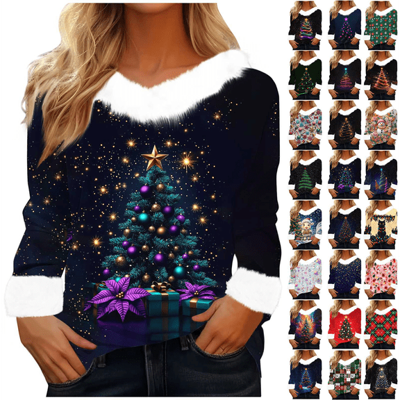 Horkkom Long Sleeve Blouses for Women Plush V Neck Christmas Tree Shirts Trendy Fall Xmas Tops L, Gifts for Women