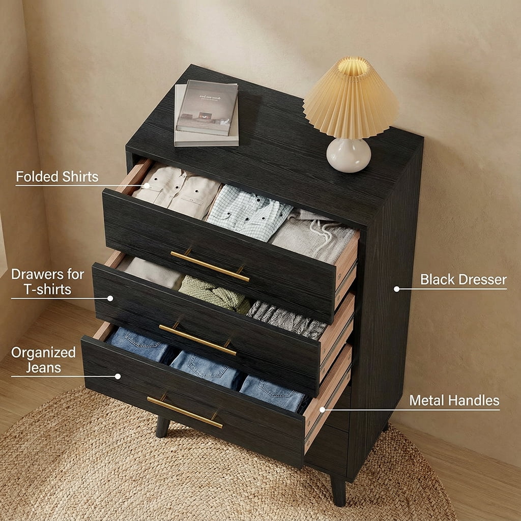 5 Drawer Wood Dressers, Wide Chest of Drawers with Gold Handles, Accent Furniture for Living Room, Black