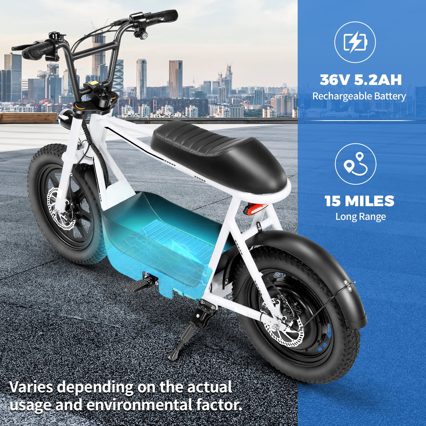 SANOPY Electric Scooter with Seat for Adults, 350W Motor up to 15 Miles Range 20 Mph, 16" Fat Tire for All-Terrain, Motorcycle Style E-Scooter for Commuting with Carry Basket, White