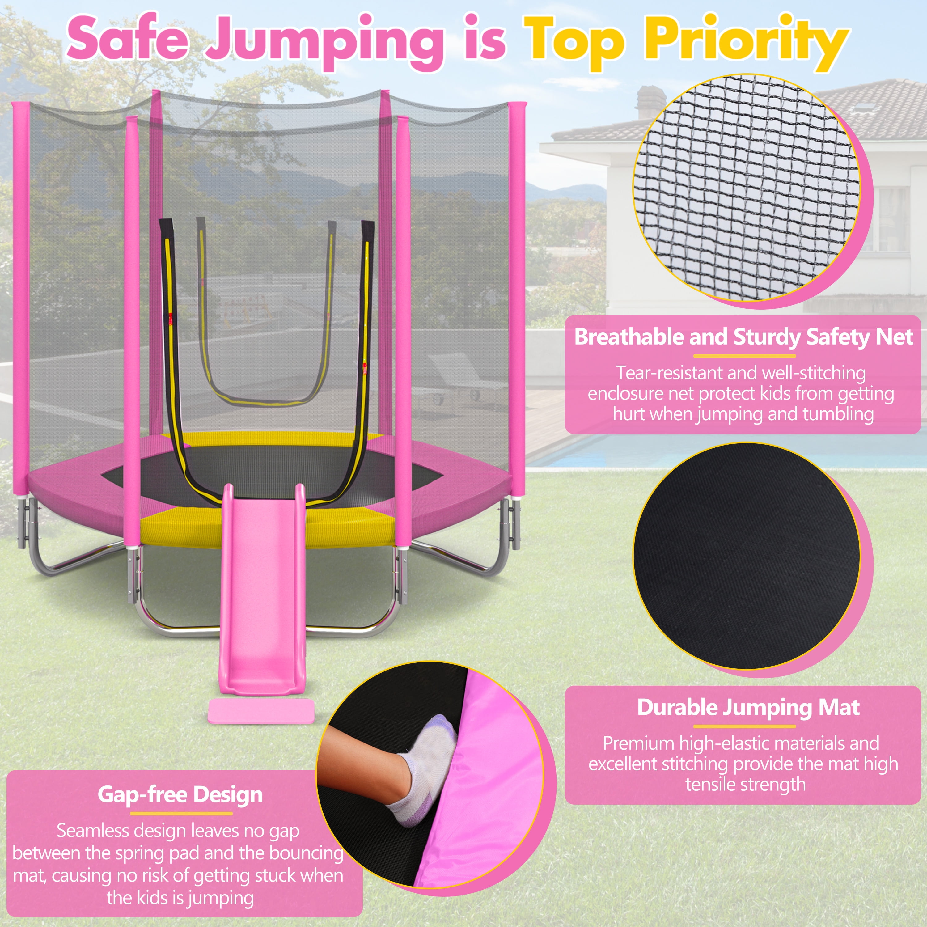 EUROCO 7FT Trampoline with Removable Slide, Kids Indoor Outdoor Trampoline with Enclosure Net and Ladder, Pink