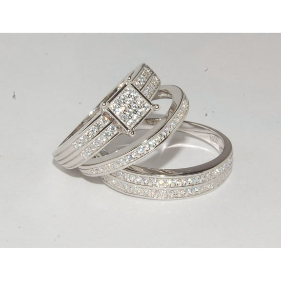 Bluebell Jewels Silver Finish Trio Wedding Ring Set with Round Cut CZ His & Her Matching Engagement Bands