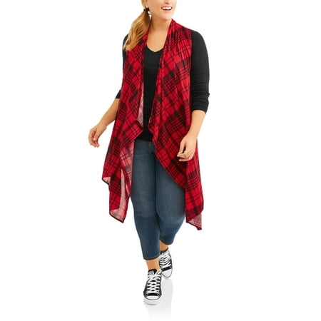 Junior's Plus Sleeveless Plaid Cascade Flyaway Vest