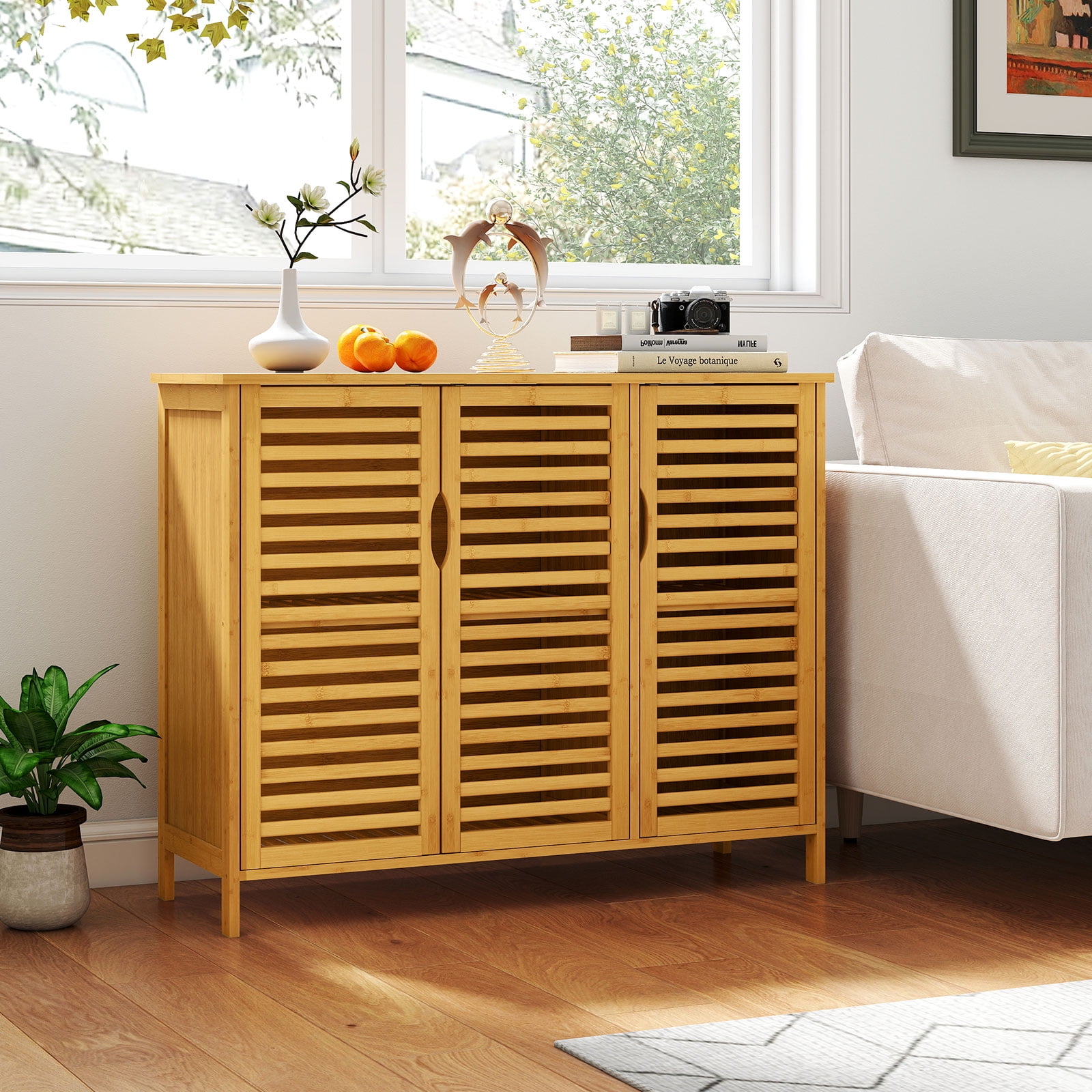 Gymax Bamboo Bathroom Cabinet 3-Door Storage Organizer w/ Shelves Natural