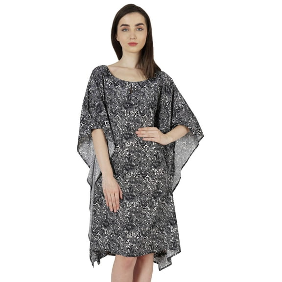 Moomaya Short Beach Kaftan Dress For Womens Print U-Neck Turkish Bikini Cover Up Dress