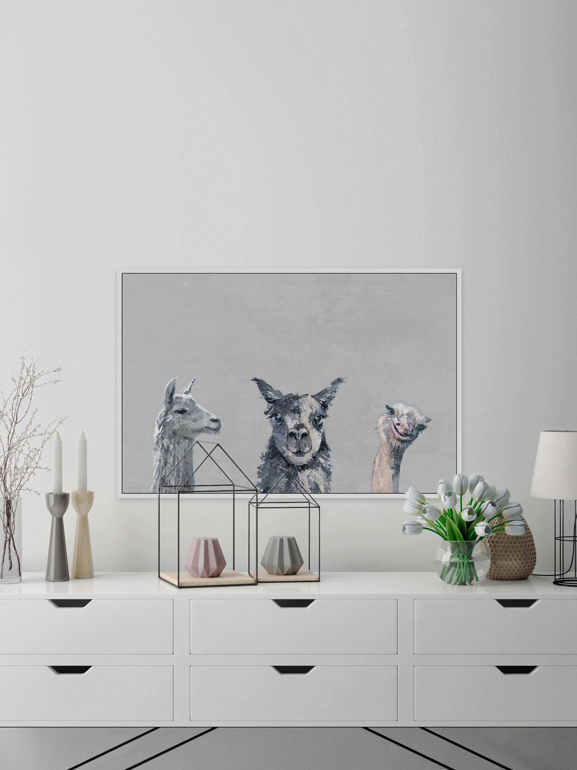 Llama and Ostrich Groove in Gray Floater Framed Painting Print on Canvas