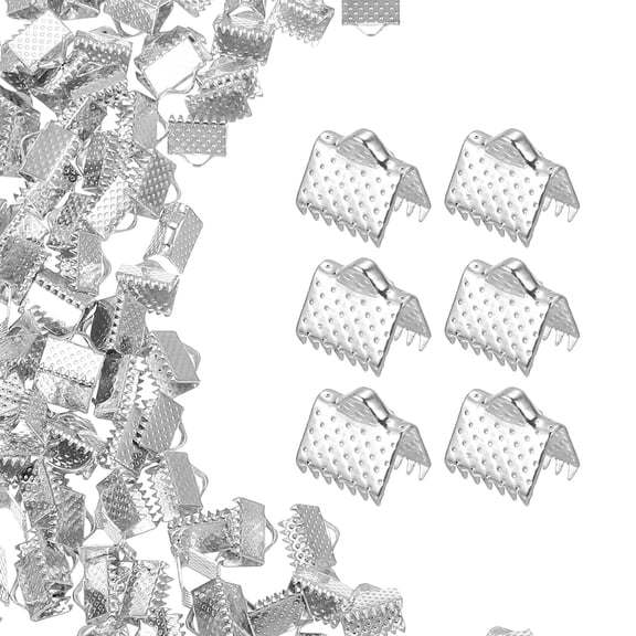 200Pcs Ribbon Ends, 8mm Ribbon Crimp Clamp End Bookmark Leather Pinch Crimps Cord Ends, Foldable Clasps Crimp End for Necklace Bracelet DIY Craft Making, Silver White