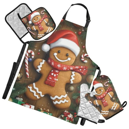Cute Gingerbread Man Oven Mitts and Pot Holders with Chef Apron Set 5 Pcs Kitchen Cooking Set