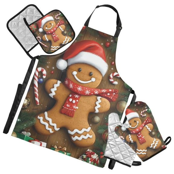 Cute Gingerbread Man Oven Mitts and Pot Holders with Chef Apron Set 5 Pcs Kitchen Cooking Set