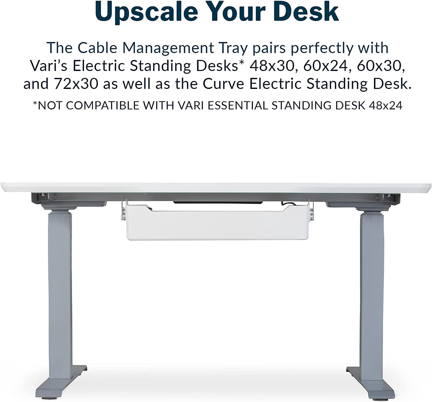 Vari Cable Management Tray - Under Desk Cord & Wire Organizer - Ideal for Home Office Sit Stand Desks - Fits Adjustable Electric Standing Desk 48x30, 60x30, 60x24, 72x30 - Easy Assembly (White)